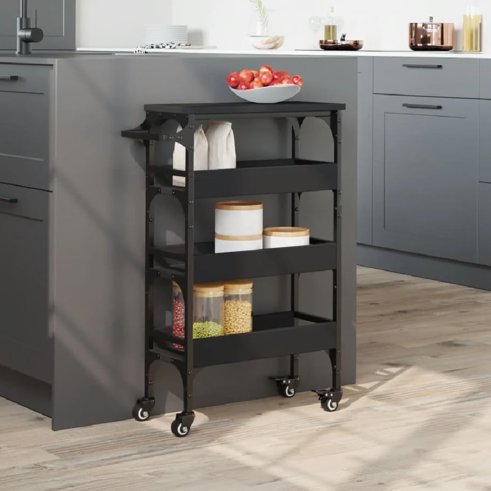 Coralville Wooden Kitchen Trolley With 3 Shelves In Black