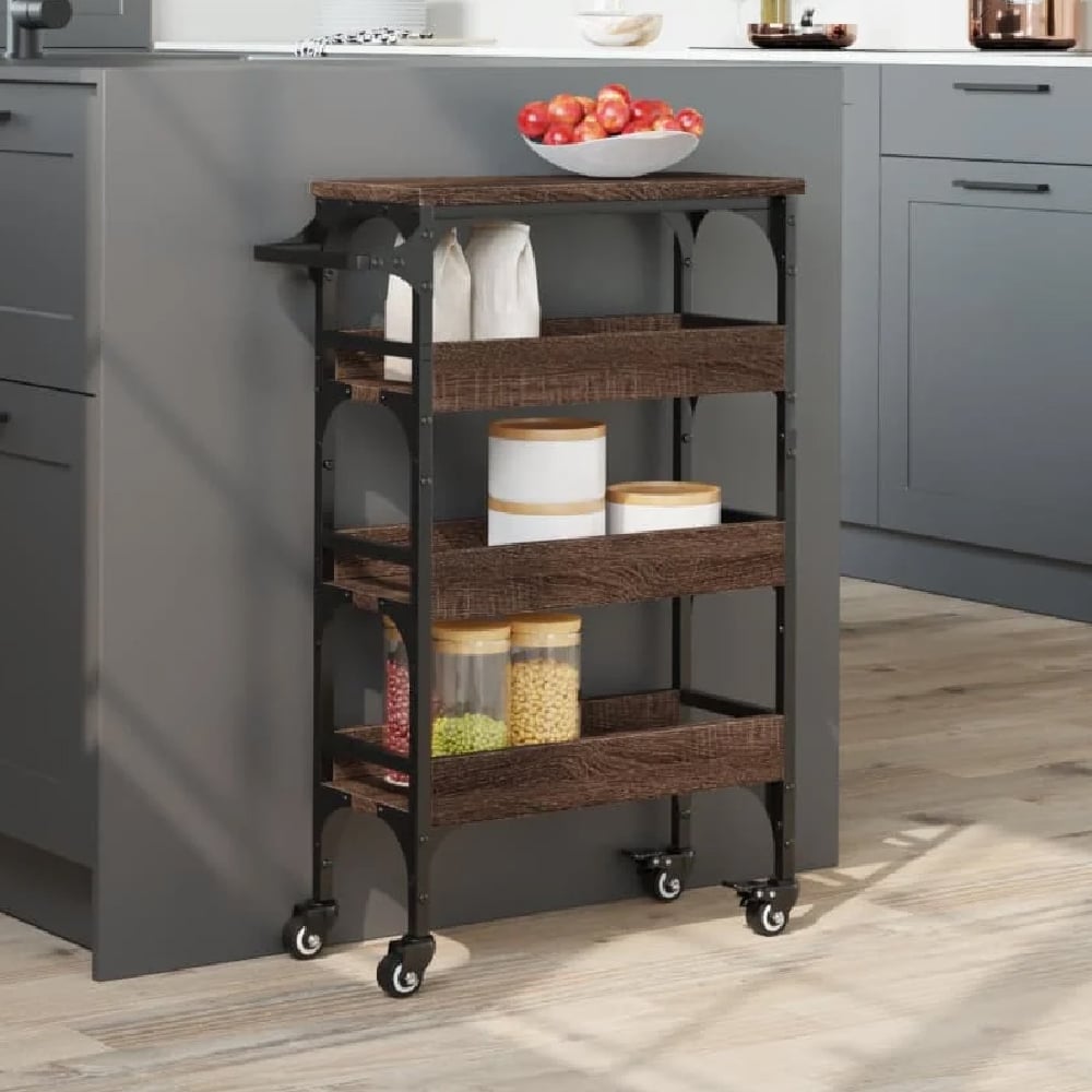 Coralville Wooden Kitchen Trolley With 3 Shelves In Brown Oak