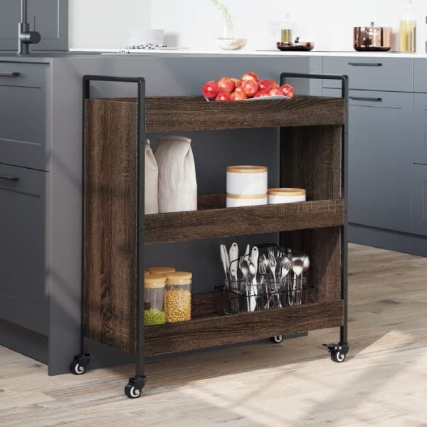 Corinth Wooden Kitchen Trolley With 3 Shelves In Brown Oak | Bed Sava