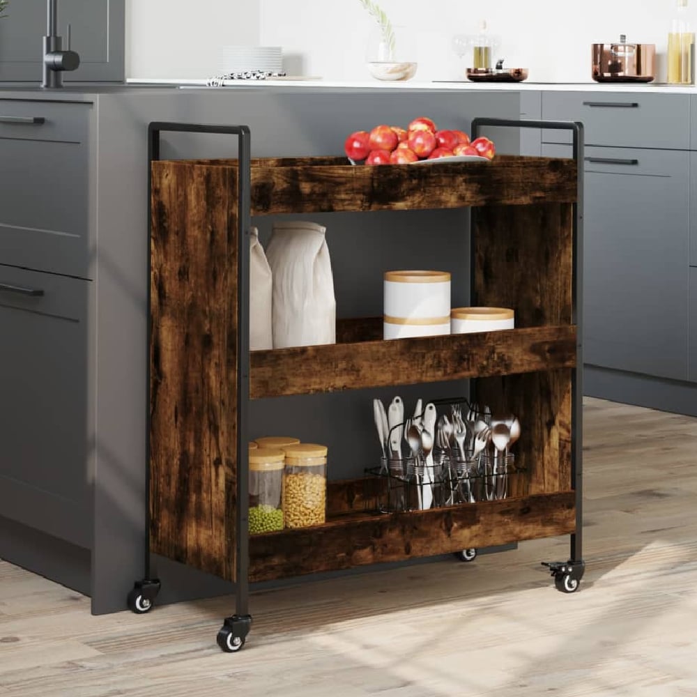 Corinth Wooden Kitchen Trolley With 3 Shelves In Smoked Oak