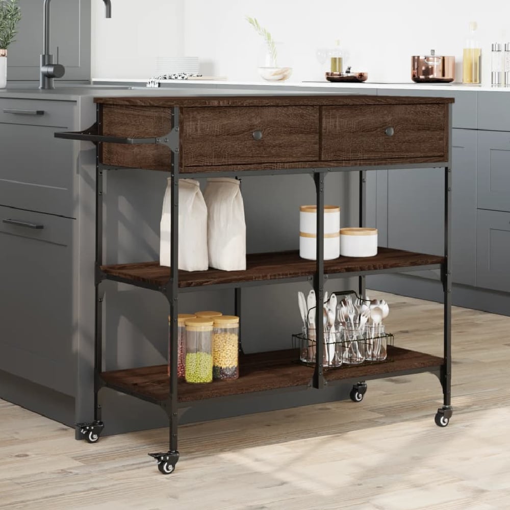 Cornelius Wooden Kitchen Trolley With 2 Drawers In Brown Oak