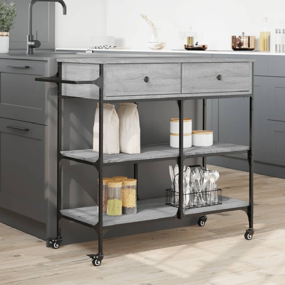 Cornelius Wooden Kitchen Trolley With 2 Drawers In Grey Sonoma