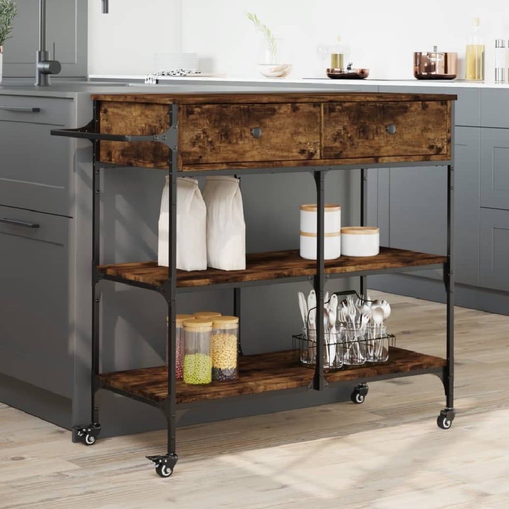 Cornelius Wooden Kitchen Trolley With 2 Drawers In Smoked Oak