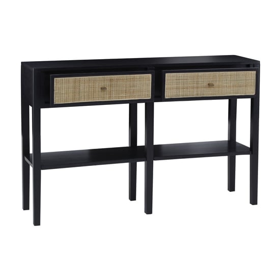 Corson Cane Rattan Wooden Console Table With 2 Drawers In Black | Bed Sava