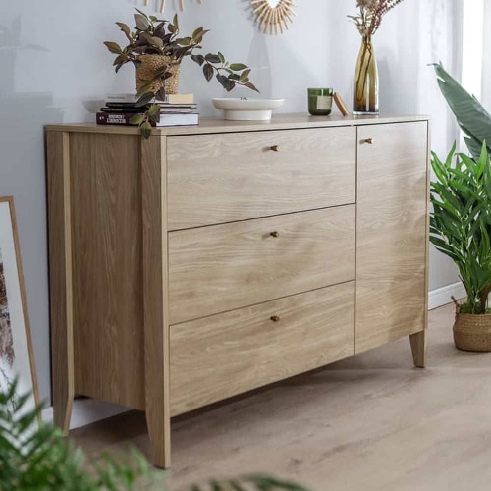 Cortez Wooden Sideboard With 1 Door 3 Drawers In Oiled Oak | Bed Sava