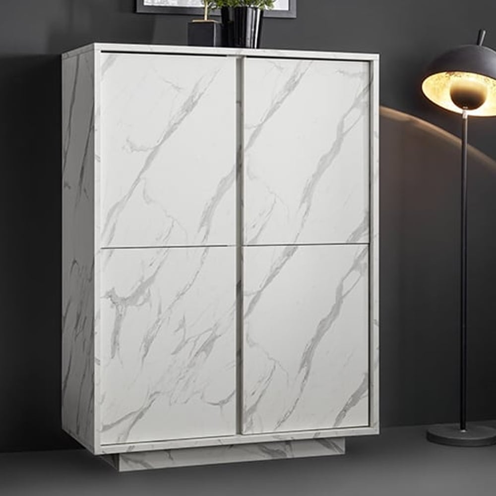 Corvi Wooden Highboard With 4 Doors In White Marble Effect | Bed Sava