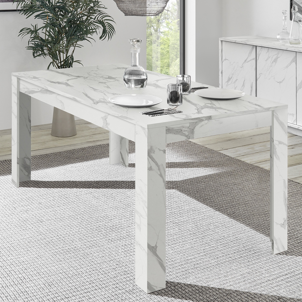 Corvi Wooden Rectangular Dining Table In White Marble Effect | Bed Sava