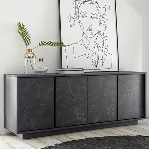 Corvi Wooden Sideboard With 4 Doors In Black Marble Effect | Bed Sava