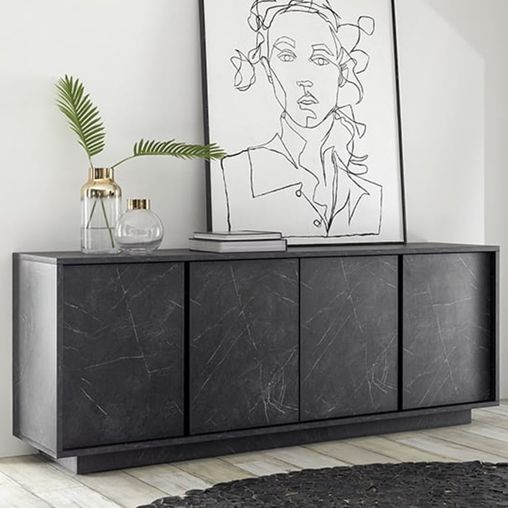 Corvi Wooden Sideboard With 4 Doors In Black Marble Effect | Bed Sava