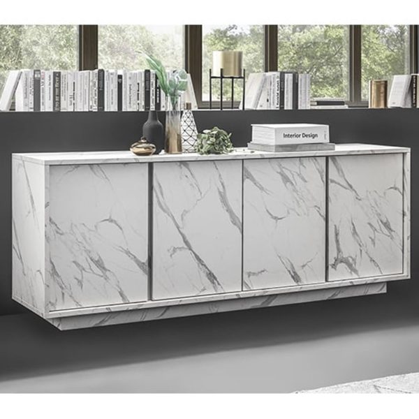 Corvi Wooden Sideboard With 4 Doors In White Marble Effect | Bed Sava