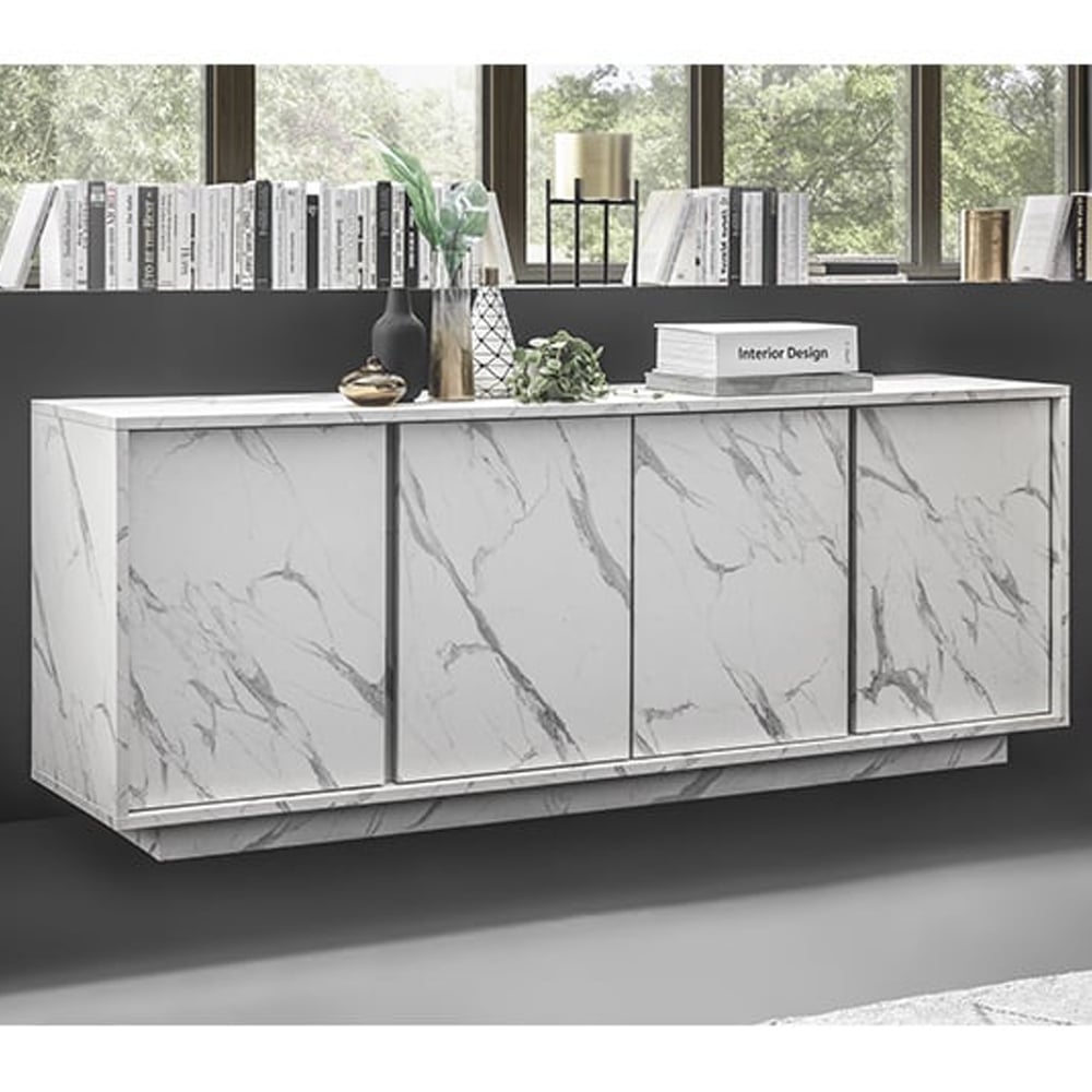 Corvi Wooden Sideboard With 4 Doors In White Marble Effect | Bed Sava