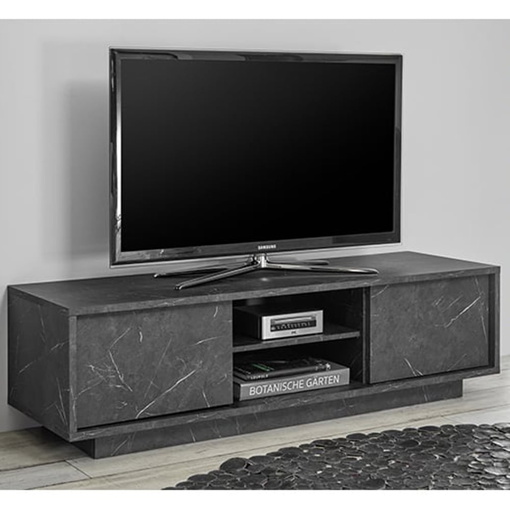 Corvi Wooden TV Stand With 2 Doors In Black Marble Effect | Bed Sava