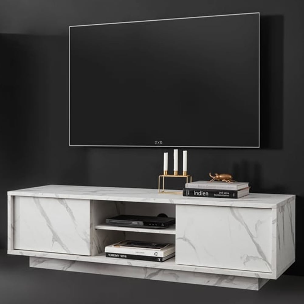 Corvi Wooden TV Stand With 2 Doors In White Marble Effect | Bed Sava