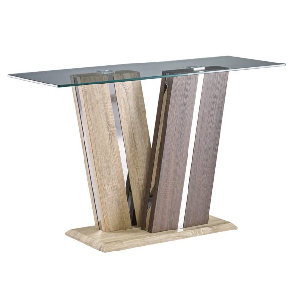 Craven Clear Glass Console Table With Dark And Light Wooden Base | Bed Sava