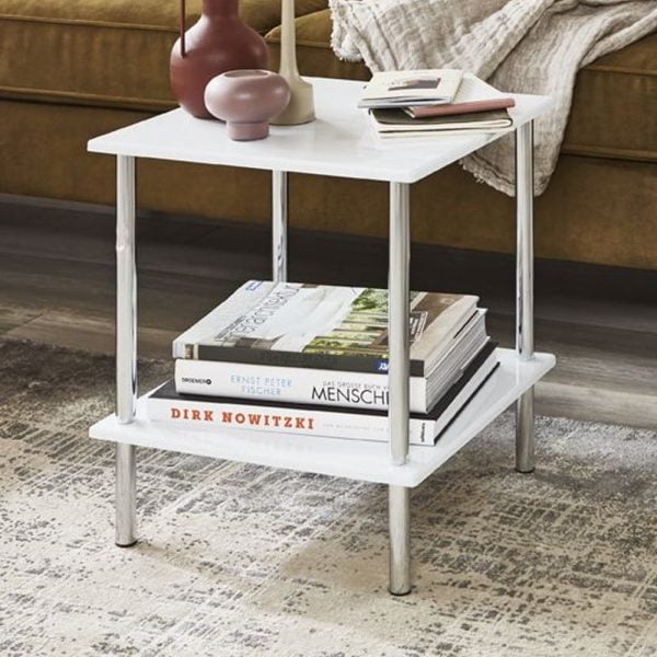 Creek Wooden End Table With Chrome Frame In White | Bed Sava