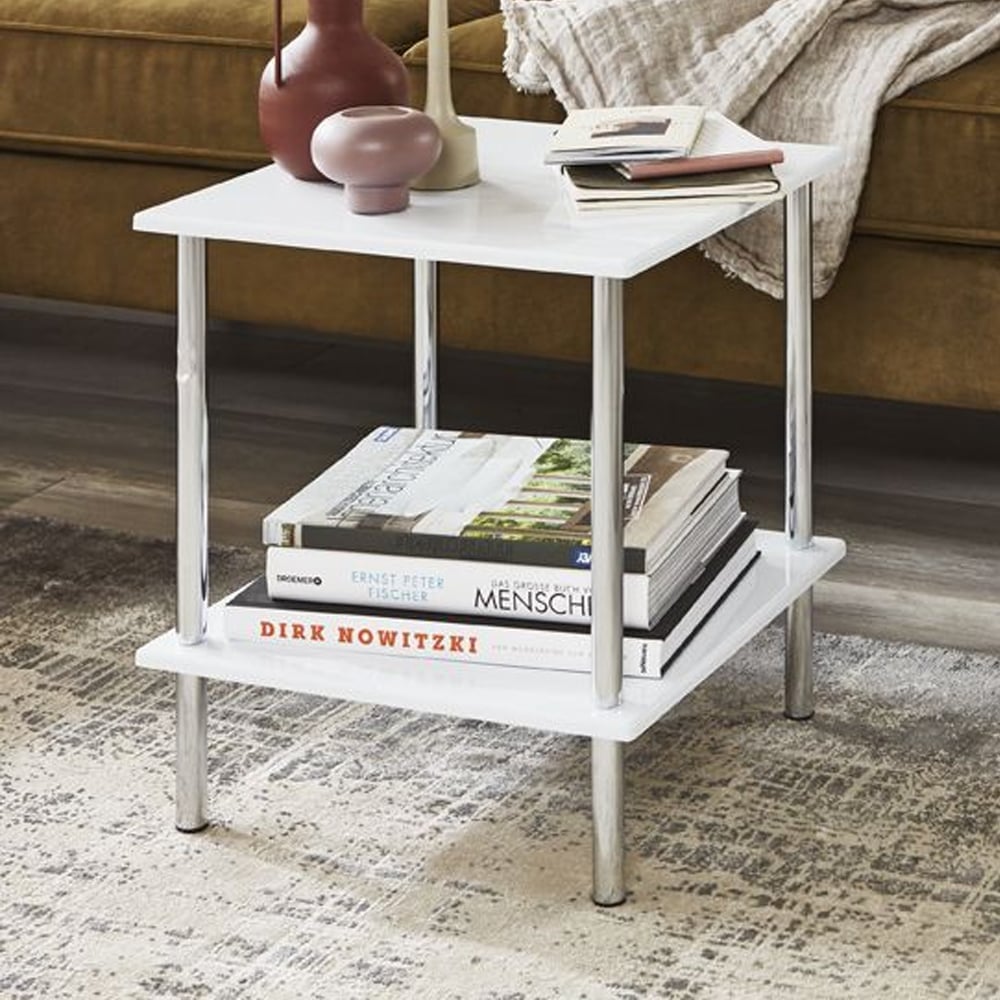 Creek Wooden End Table With Chrome Frame In White