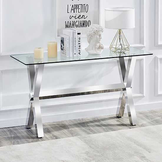 Crossley Clear Glass Console Table With Stainless Steel Legs | Bed Sava