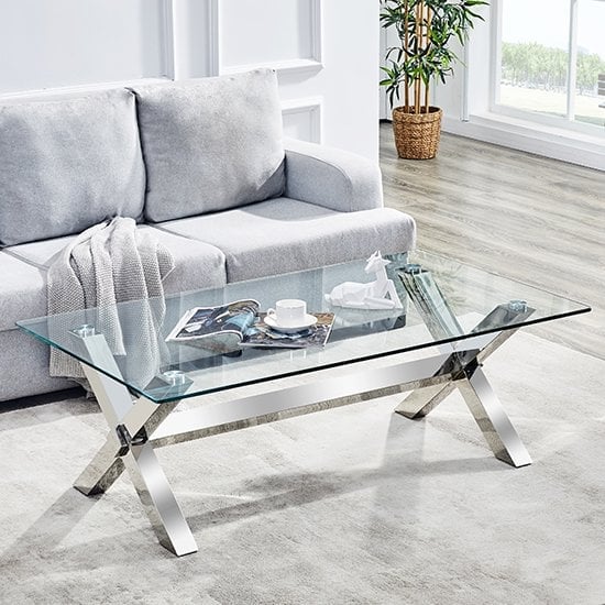 Crossley Clear Glass Coffee Table With Stainless Steel Legs | Bed Sava