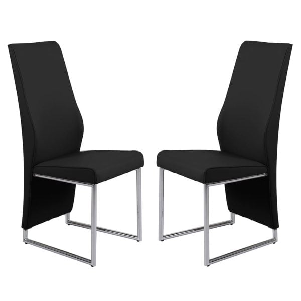 Crowley Black Leather Dining Chairs With Chrome Legs In Pair | Bed Sava