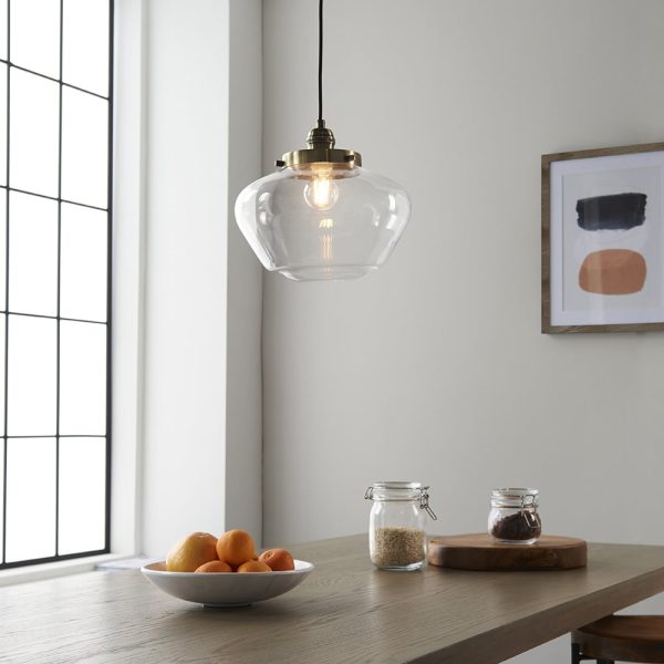 Crowley Clear Glass Pendant Ceiling Light In Antique Brass | Bed Sava