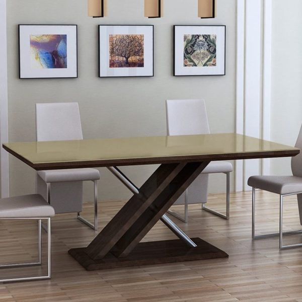 Cudahy Khaki Glass Dining Table With Dark Wooden Base | Bed Sava