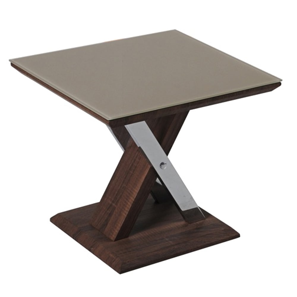 Cudahy Khaki Glass End Table With Dark Wooden Base