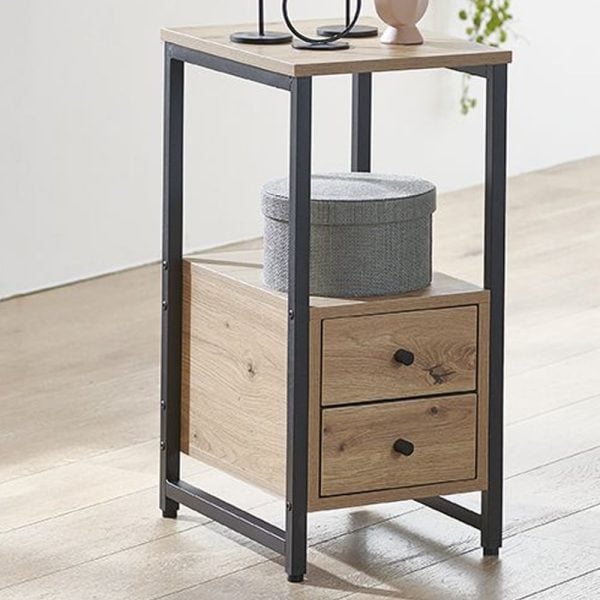 Cullman Wooden End Table With 2 Drawers In Black Oak | Bed Sava