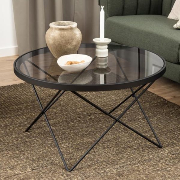 Cuxtun Smoked Glass Round Coffee Table With Black Frame | Bed Sava