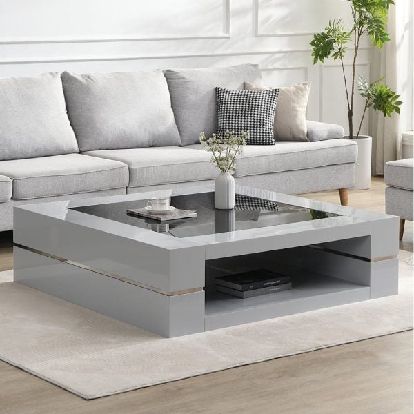 Cyndy High Gloss Coffee Table In Grey With Black Glass Top | Bed Sava