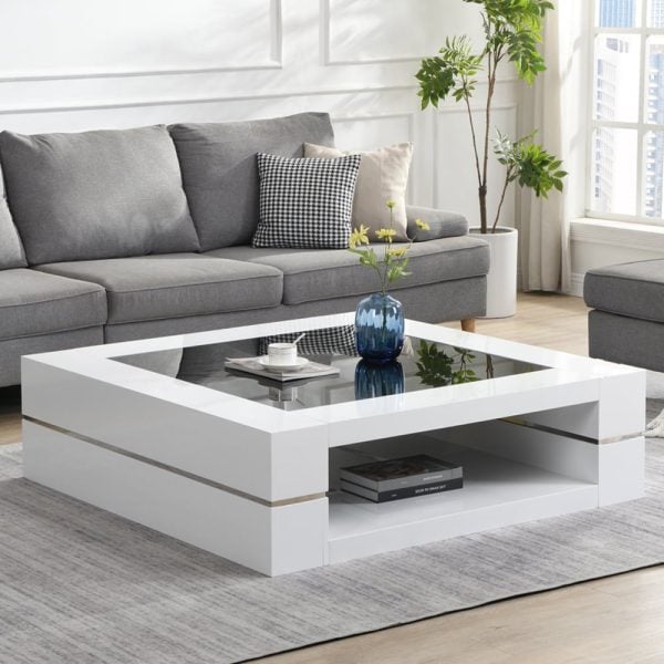 Cyndy High Gloss Coffee Table In White With Black Glass Top | Bed Sava