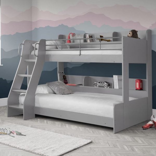 Dallyce Wooden Triple Sleeper Bunk Bed In Light Grey | Bed Sava