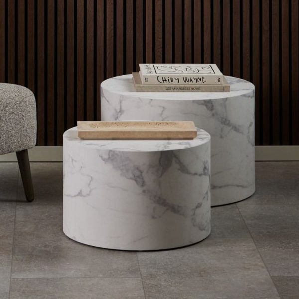 Dania Wooden Nesting Coffee Table In White Marble Effect | Bed Sava