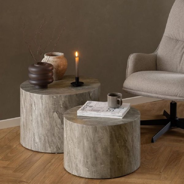 Dania Wooden Set Of 2 Coffee Table Round In Grey Marble Effect | Bed Sava