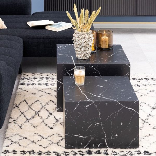 Dania Wooden Set Of 2 Coffee Table Square In Black Marble Effect | Bed Sava
