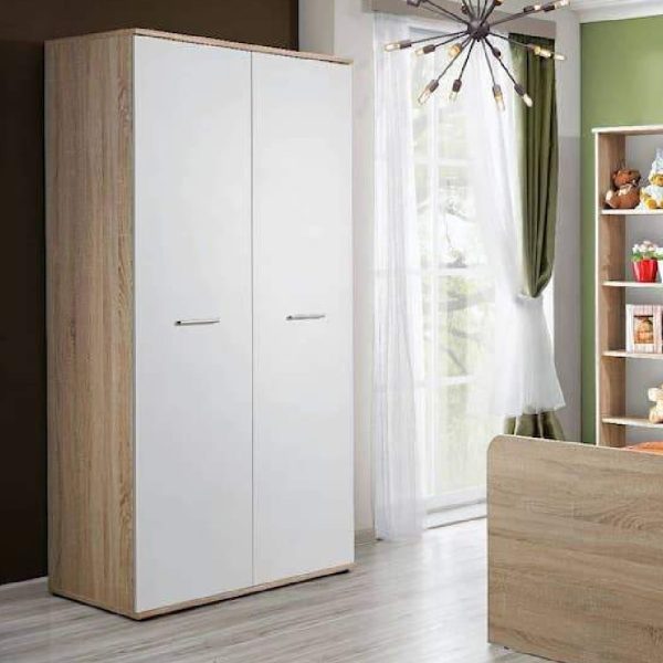 Dania Wooden Wardrobe With 2 Doors In Matt White And Oak | Bed Sava