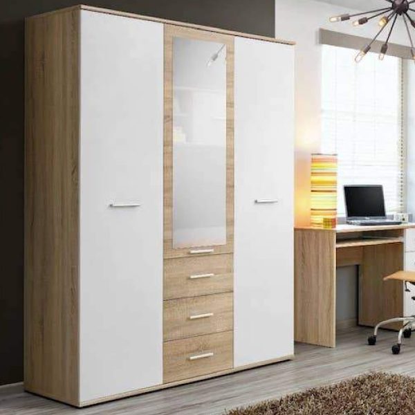 Dania Wooden Wardrobe With 3 Doors In Matt White And Oak | Bed Sava