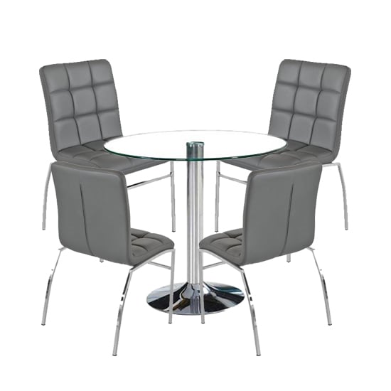 Dante Round Glass Dining Set With 4 Grey PU Leather Coco Chairs | Bed Sava