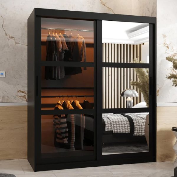 Danville Large Mirrored Wardrobe With 2 Sliding Doors In Black | Bed Sava