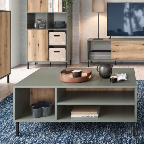 Danville Wooden Coffee Table With 3 Shelves In Green And Oak | Bed Sava