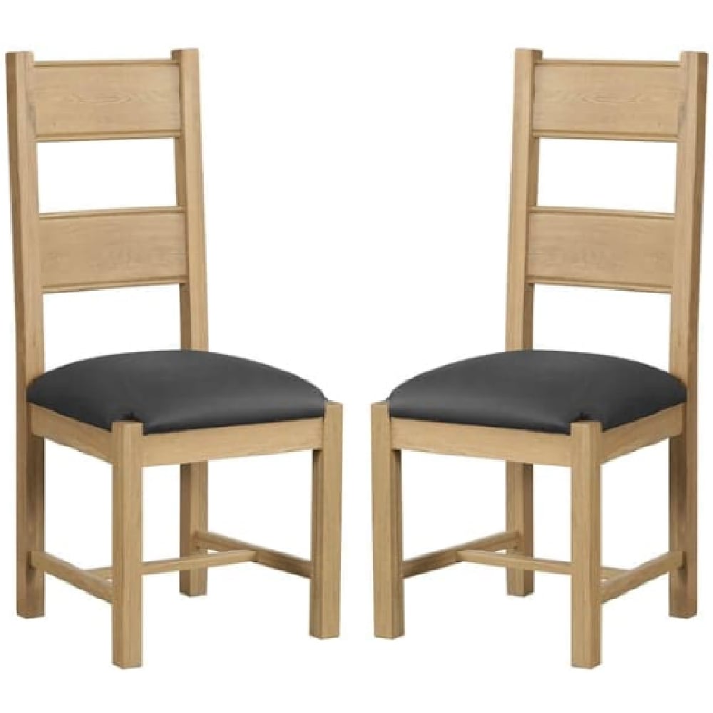 Danville Oak Wooden Dining Chairs With Grey Leather Seat In Pair