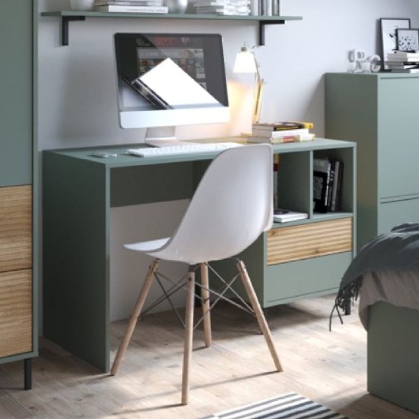 Danville Wooden Laptop Desk With 2 Drawers in Green And Oak | Bed Sava