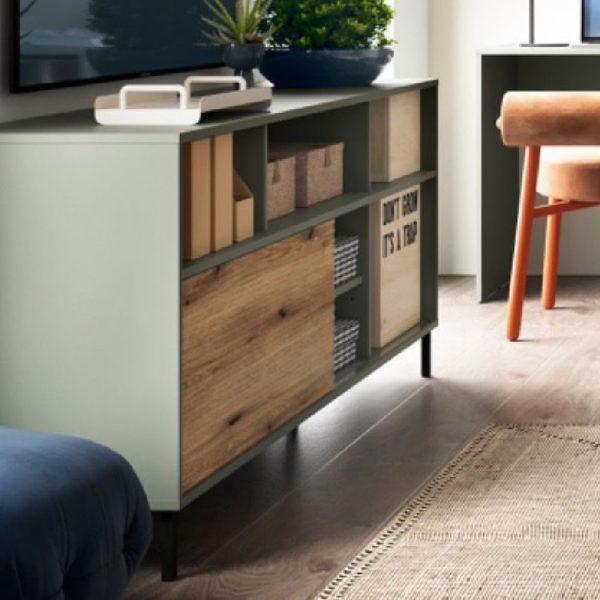 Danville Wooden Large TV Stand With 1 Sliding Door In Green Oak | Bed Sava