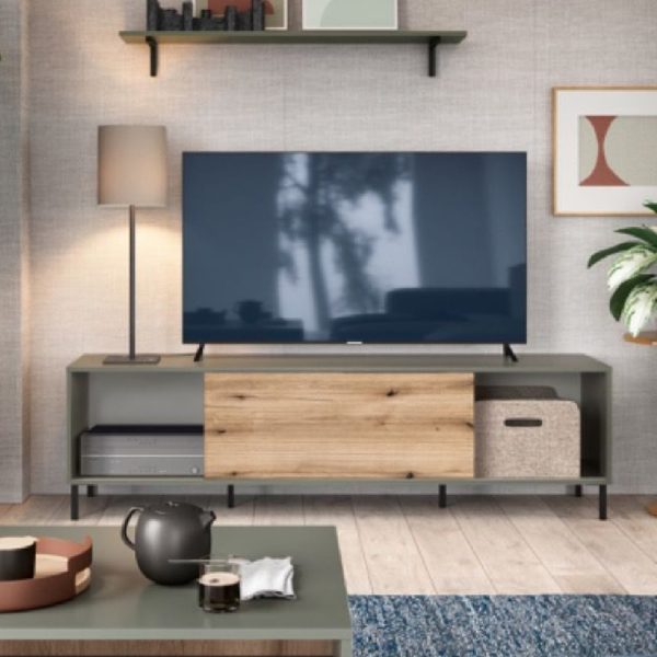 Danville Wooden Small TV Stand With 1 Sliding Door In Green Oak | Bed Sava