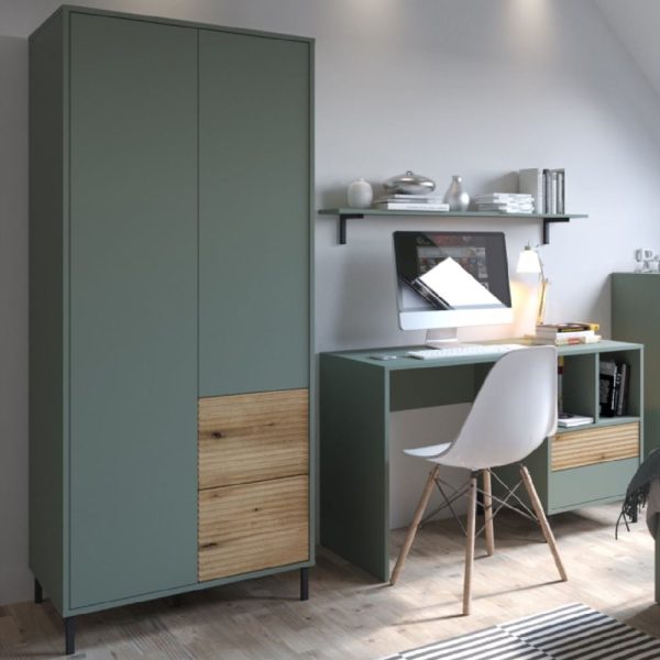 Danville Wooden Wardrobe With 2 Doors 2 Drawers In Green And Oak | Bed Sava