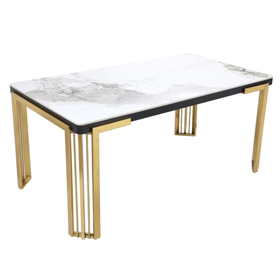Davos White Sintered Stone Dining Table With Gold Frame