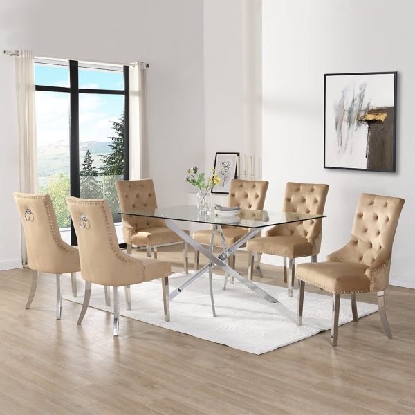 Daytona Large Clear Glass Dining Table 6 Imperial Champagne Chairs | Bed Sava