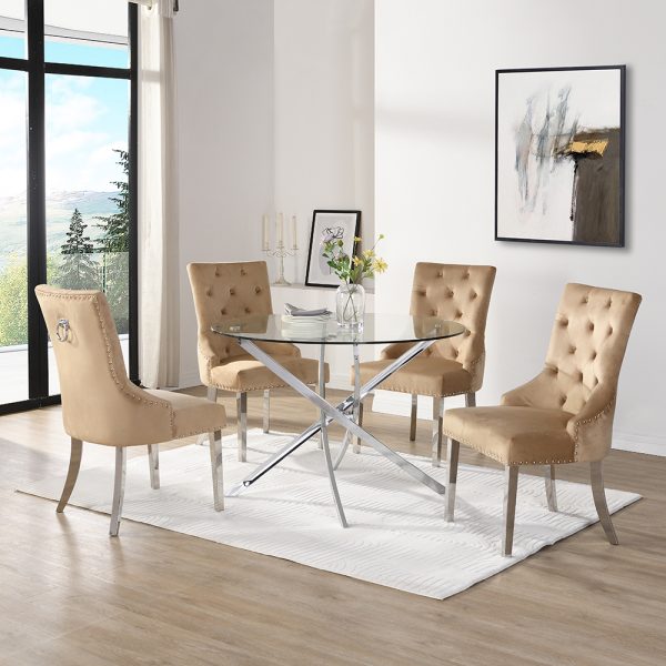 Daytona Round Clear Glass Dining Table 4 Imperial Champagne Chairs | Bed Sava