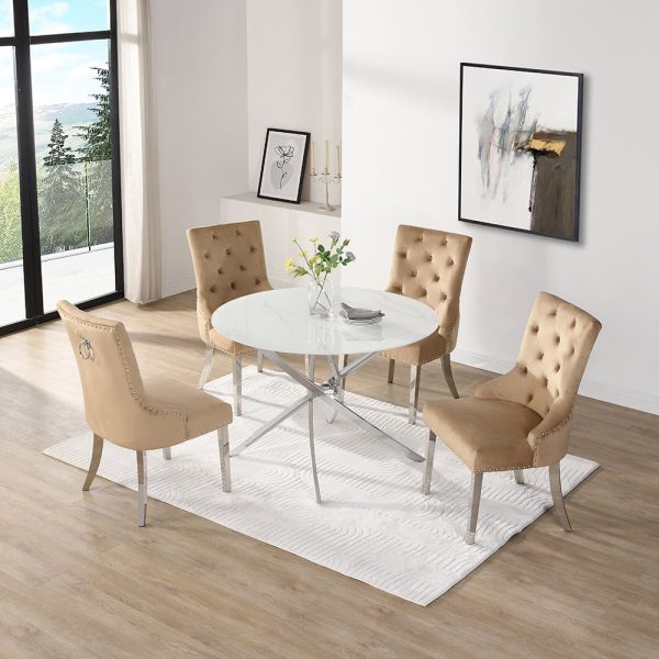 Daytona Round Diva Glass Dining Table 4 Imperial Champagne Chairs | Bed Sava