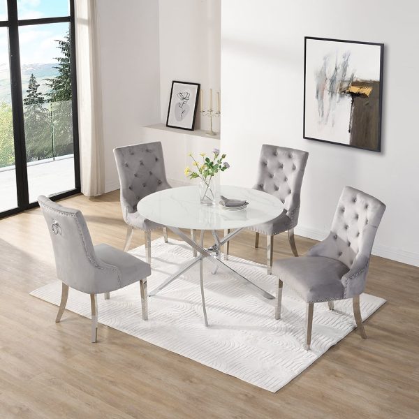 Daytona Round Diva Glass Dining Table 4 Imperial Grey Chairs | Bed Sava