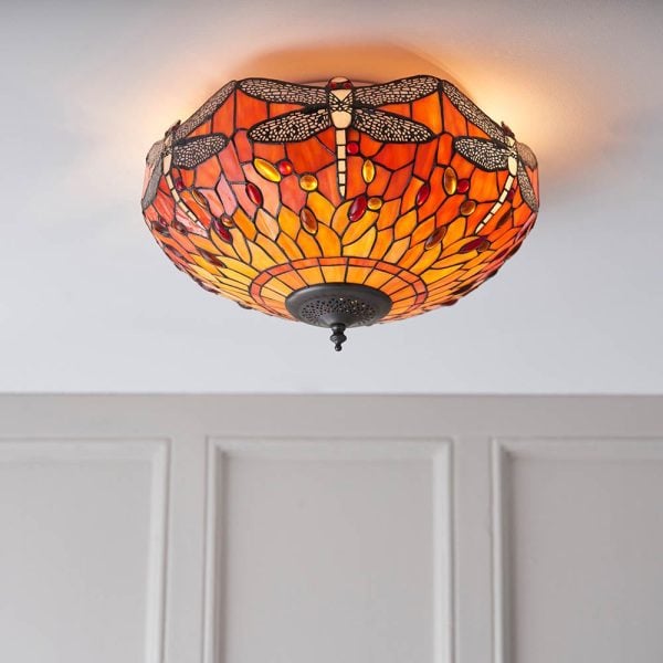 Dearborn Tiffany Glass Flush Ceiling Light In Orange And Red | Bed Sava